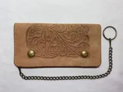 レア 本革 ヌバック 手彫り カービング ハンドメイド バイカーズ ウォレット