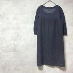 ひざ丈ワンピース　七分袖　黒　紺色　レース　綿混　コットン　春夏秋　七五三　M