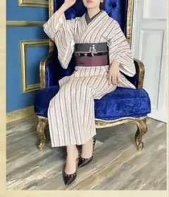洗える 着物 木綿 単衣 レトロ　カジュアル　縞