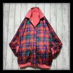【チェック柄☆総柄ブルゾン】80s 90s☆ピンク系☆US輸入古着☆L
