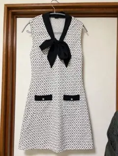 レトロ柄 ノースリーブ ミニワンピース リボン付き
