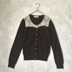 【レッセパッセ】レース切替カーディガン/38/黒/パール/ビジューボタン/長袖
