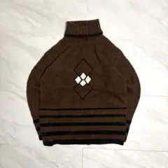 タートルネック ニット セーター ブラウン ダイヤ柄 アーガイル風 古着