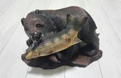 【銘品】木彫り熊 鮭咥え 北海道工芸品 一峰作 銘入り 台座付