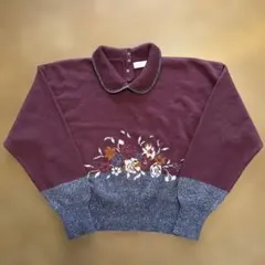 ワインレッド 花柄刺繍 ニットセーター