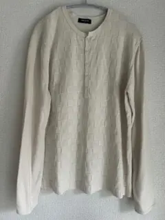 COMME CA ISM ブロック模様 綿ニットセーター L薄手アイボリー
