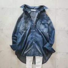 美品 ジョンブル 麻混 デニムシャツ 長袖 インディゴブルー ゆったりめ 日本製のサムネイル