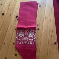 帯 赤 花柄刺繍 ストライプ