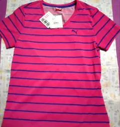 PUMA ピンク青ストライプ Vネック Tシャツ M