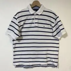 トミーヒルフィガー ボーダー ポロシャツ 半袖 ロゴ刺繍 L 白 ネイビー