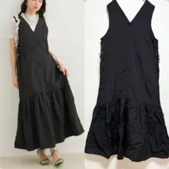 VIS ウエストドロストワンピース ナイロン　ブラック ティアードワンピース
