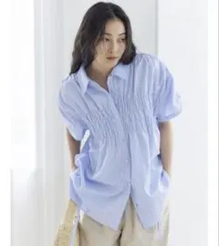 Ungrid ハーフスリーブギャザーシャツ　ストライプブルー