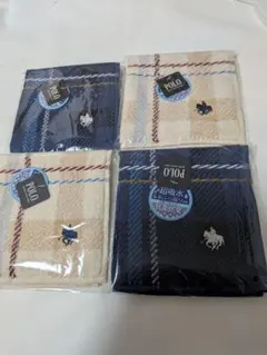 新品 POLO ハンカチ 4枚セット チェック柄ネイビー　べィジュのサムネイル