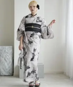utatane 浴衣　3点セット　グレー系　鶴柄1度のみ着用のサムネイル