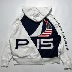 ラルフローレン ジップアップパーカー M〜 白系 アームロゴ 短丈 7755