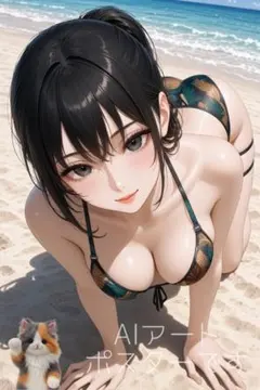 【I034】A4 AIポスター 美女 アート イラスト 水着 黒髪美女 海デート