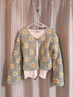 【petit main】ミントグリーン 花柄レース編みカーディガン