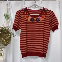 中古　美品　ANNA SUI アナスイ　半袖　ニット　ボーダー　花　刺繍のサムネイル
