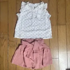 ドット柄フリル付きトップスとショートパンツセット 90