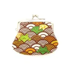 がま口小銭入れ 和柄 青海波とカエルさん 茶 コインケース かわいい G528