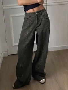 レオパード柄 ワイドデニムパンツ ヒョウ柄 ストレート