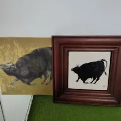 日展会員「米陀　寛」の牛の陶板画 と　日光東照宮の「米陀　寛」牛の色紙 日展会員「米陀 寛」の牛の陶板画 と 日光東照宮の「米陀 寛」牛の色紙
