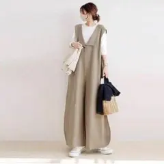 オールインワンサロペットオーバーオール体型カバーVネック大きいサイズ 綿麻風大人