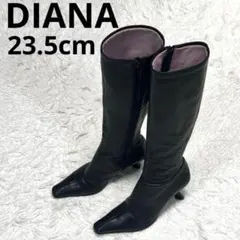 ダイアナ 黒 レザー ポインテッドトゥ ロングブーツ サイドファスナー 23.5