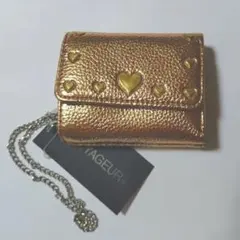 ハートスタッズ付きゴールド三つ折り財布