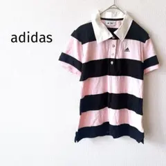 Z【アディダス】半袖ポロシャツ S ピンク×黒 ボーダー ゴルフ レディース