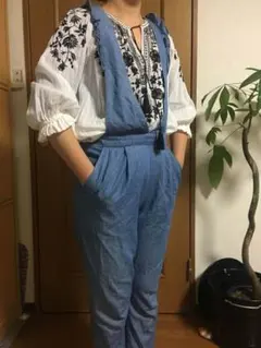 VIS 肩フリルサロペット デニム オーバーオール