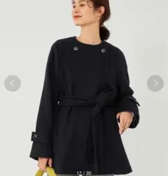 美品 グリーンレーベル別注 ELIN ノーカラー ウールコート ベルト ブラック