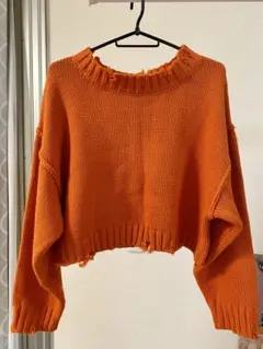 ショート丈ダメージニットトップス オレンジ