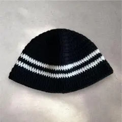 クラッシャーハット　クロシェハット　ビーニー　バケットハット　ハンドメイド　黒白