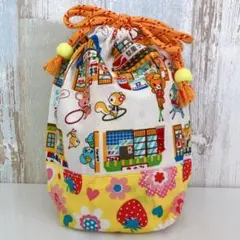 レトロ　アニマル柄　巾着　ハンドメイド　黄色