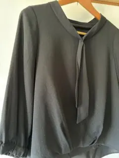 Couture Brooch リボン付きブラック七分袖ブラウス　Lサイズ