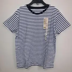 新品タグ付、無印、黒ボーダー、天竺編み、クルーネックTシャツ
