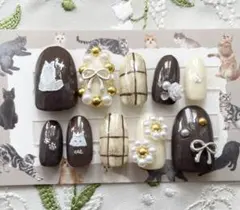 ハンドメイド　ネイルチップ　猫ネイル　白猫　チェックネイル　リボンネイル