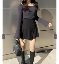 スクエアネックフレアスリーブリブニットトップス[ru1056] チャコグレー