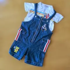 【美品】ミキハウス デニムオーバーオール シャツ セット 90cm アンカー刺繍