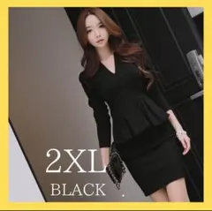 【2XL】Vネック ワンピース キャバドレス ブラック ペプラムミニドレス