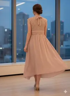 【新品タグ付】POURVOUS 4L ローズピンク ロングドレス レース袖結婚式