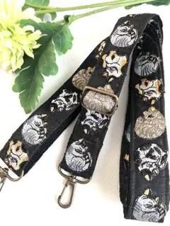 まんまるネコちゃん柄インド刺繍リボンショルダーストラップ　ブラック