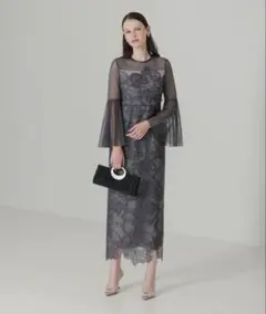 Leja シアー刺繍レースプリーツIラインロングワンピースドレス