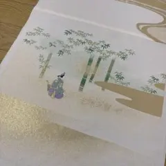 【高級 丹後ちりめん】正絹　丹後ちりめん 刺繍 反物　竹　人物　古物語　花柄