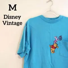 Disney Vintage くまのプーさん刺繍Mサイズ Tシャツライトブルー