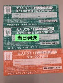 【当日発送】やわた191ハイランド大人リフト1日券割引券セット