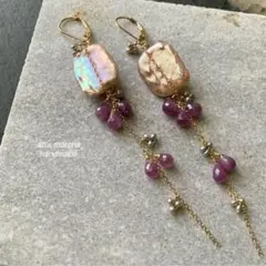 14kgf レクタングル淡水パール×スタールビー ロングピアス ✴︎トルマリン