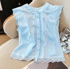 SHEIN ライトブルー 刺繍レースブラウス 半袖のサムネイル