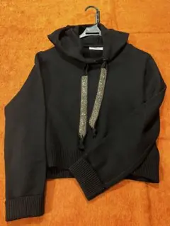 【美品良品】ZARA KNIT フード付き ニットパーカー L 黒　キラキラ